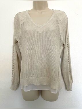 Lucky Brand Cream V-Neck Lightweight Gold Shimmer Layered Knit Sweater Sz S